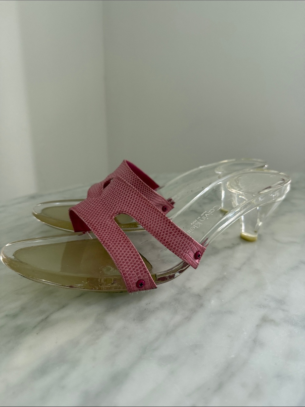 Calvin Klein Vintage Pink Lizard & Lucite Slide Sandals